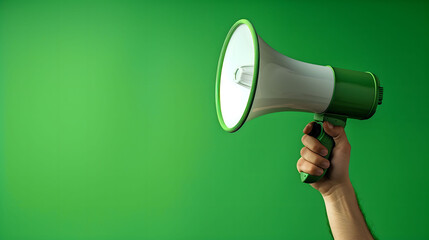 A hand holding a megaphone against a green background, copy space