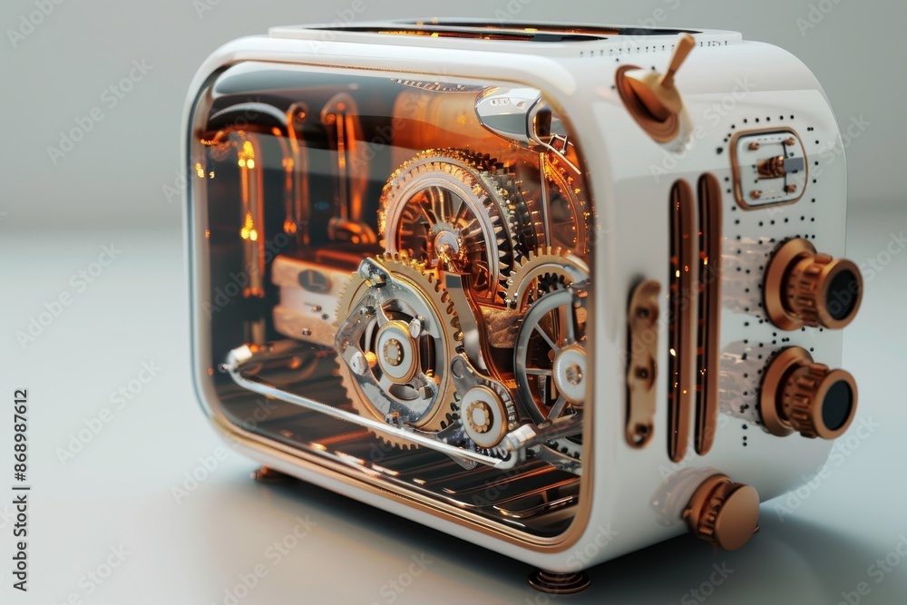 Poster a toaster with a mechanical design and a clock on the side