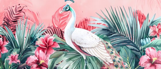 A majestic white peacock bird takes center stage amidst lush tropical palm leaf branches and vibrant flowers in a stunning watercolor