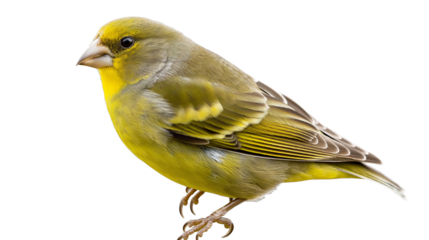 A yellow bird with a black beak is sitting on a white background