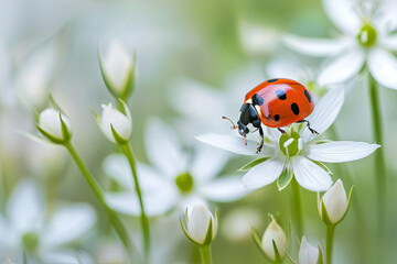 Fototapeta premium Ladybug on a blooming stellaria holostea flower, delicate nature