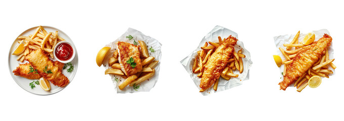 Fish and chips set on transparent background.
