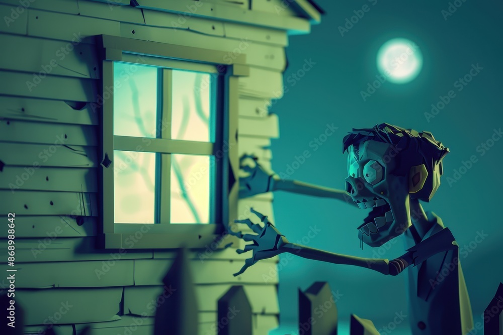 Poster a zombie man is trying to get into a house through a window