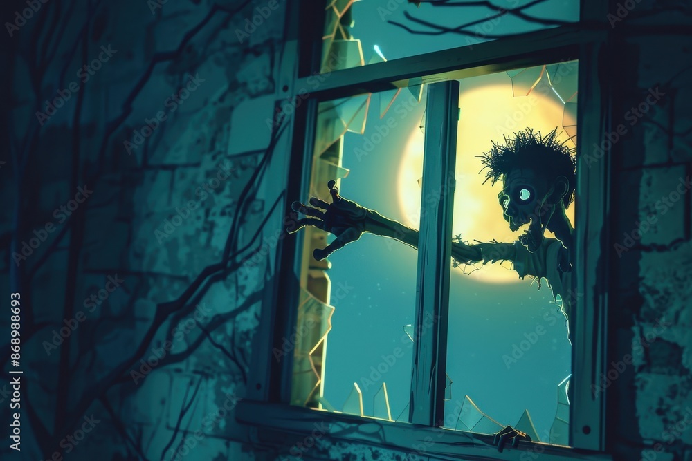 Poster a zombie man is trying to get into a house through a window
