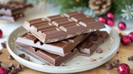 a plate of chocolate bars. The chocolate bars are stacked on top of each other. There are also some chocolate chips spilled on the plate. The background is a blurred image of a Christmas tree.