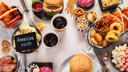 Assorted of american junk food assortment.