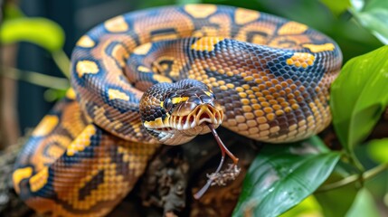 Fototapeta premium A close up of a snake with bright yellow, orange, and black scales.