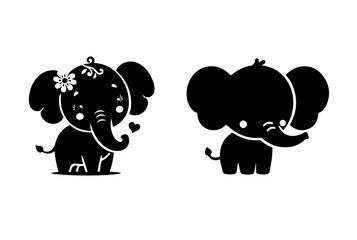 Adorable and Minimalist Black and White Cartoon Elephant Illustrations with Floral Details Vector