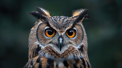 Fototapeta premium A close up of an owl with big orange eyes.