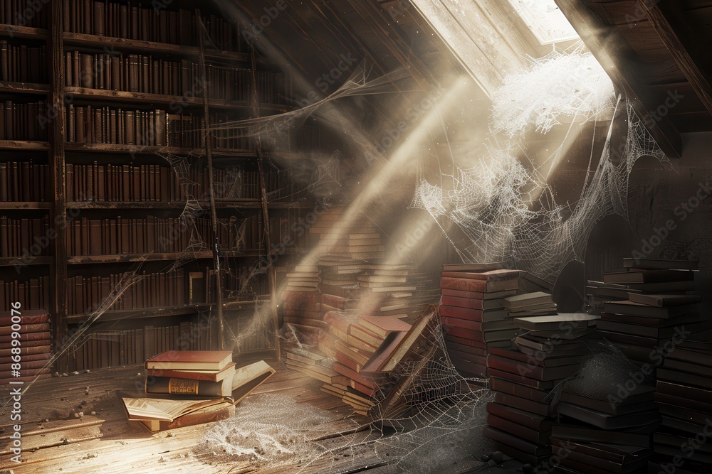 Poster a library with a spider web on the ceiling and a book on the floor