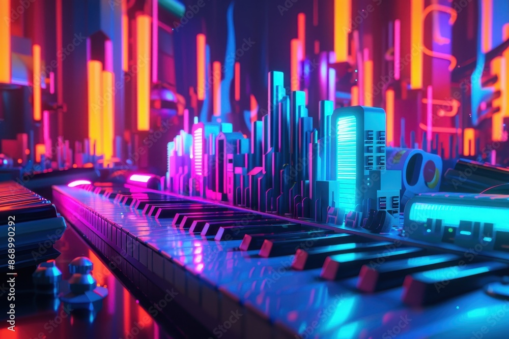 Poster a neon cityscape with a keyboard in the foreground