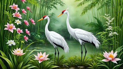 Obraz premium Abstraktion Kraniche am Bach 16x9. Hintergrund für das Design 2.