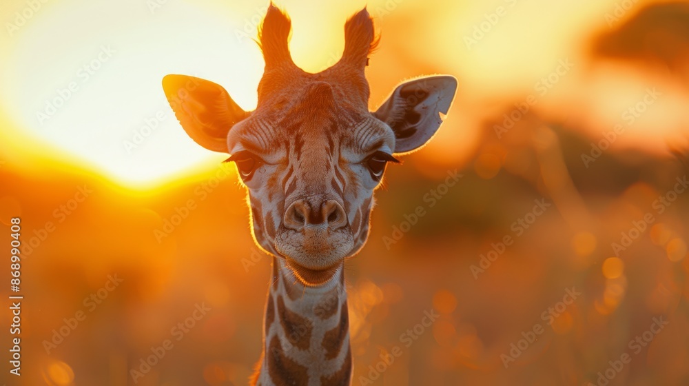 Sticker Giraffe Portrait with Sunset Background 