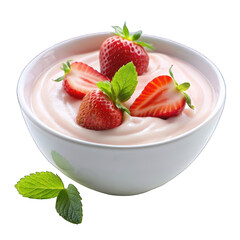 Strawberry yogurt on white bowl on transparent background