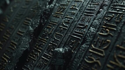 Fototapeta premium Ancient law code with detailed inscriptions, dark background, illuminated text, legal significance, intricate and authoritative design