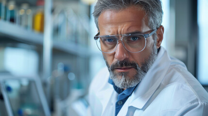The scientist is looking at the camera with a serious expression. 