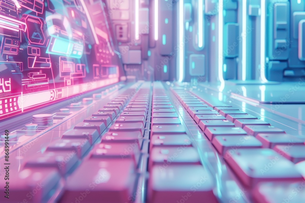Poster a computer keyboard with a neon pink background