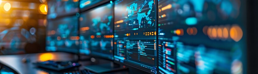 Close-up of a server room with multiple screens displaying data and graphs.