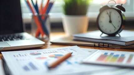 Close-up of a desk with a laptop, charts, a pencil, and an alarm clock.