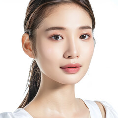Fototapeta premium Close-up portrait of young Asian beautiful woman with K-beauty make up style and healthy and perfect skin isolated on white background for skincare commercial product advertising