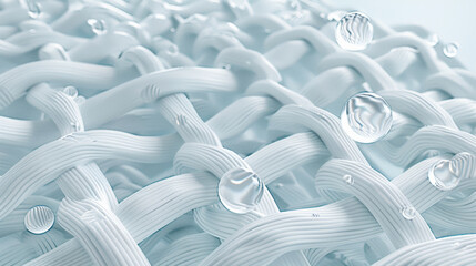 Obraz premium 3D illustration of white woven fabric with water droplets floating above it, the background is light blue and white