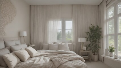 Minimalist bedroom interior design with white bed linens and curtains, natural light and plant. Concept of simple, modern, and cozy home decor.