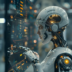 A robot standing in front of a computer screen.