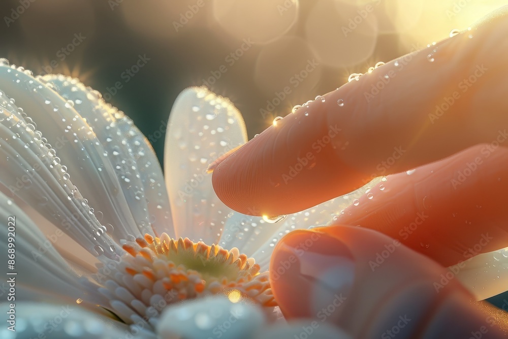 Poster a hand is touching a flower with dew on it