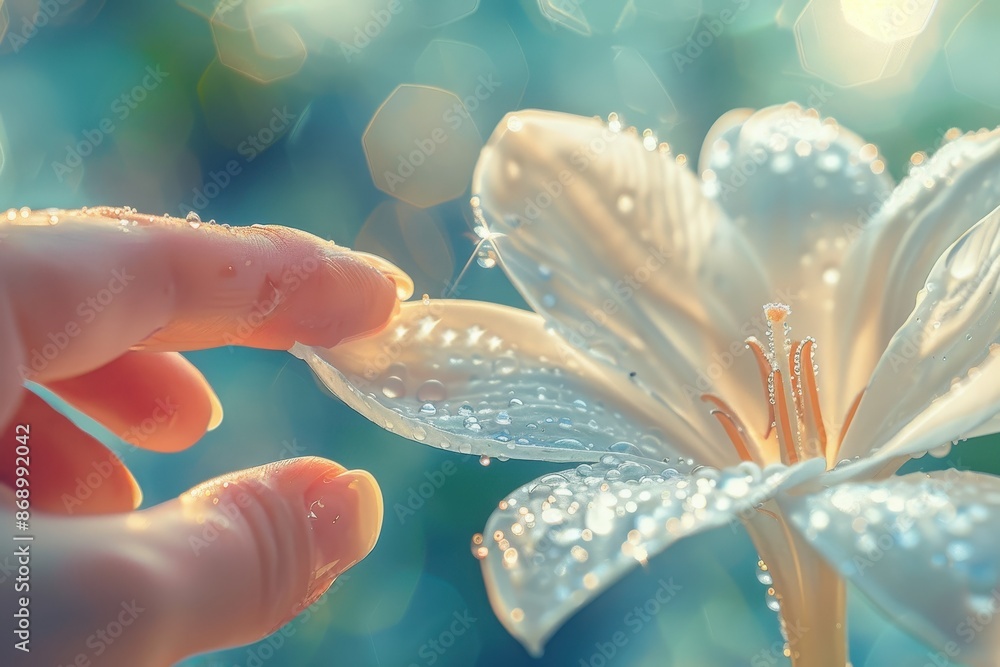 Poster a hand is touching a flower with dew on it