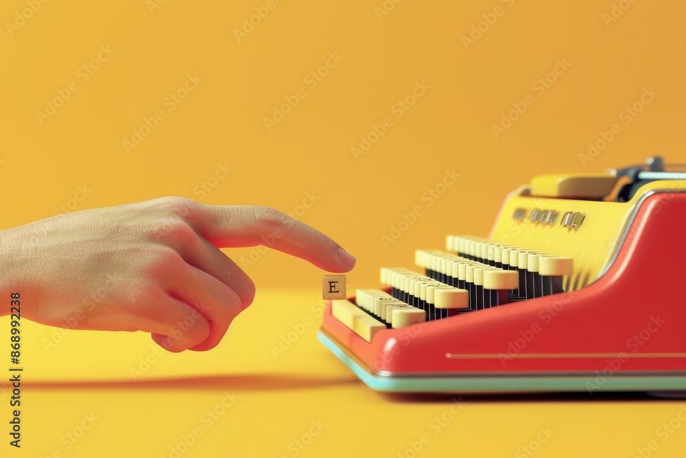 Poster a person is pointing at a typewriter with the letter e on it