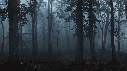 Obraz premium Wide shot of a spooky forest with dark grey tones and backlight