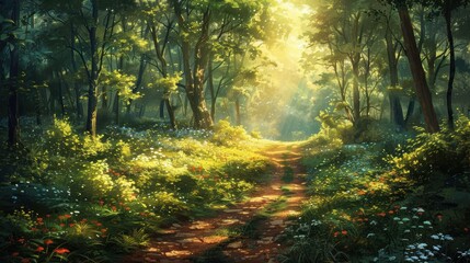 Obraz premium A beautiful forest path, with long overgrown plants and flowers on both sides. 