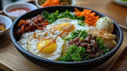 A delicious Korean dish with rice, beef, vegetables, and a fried egg.