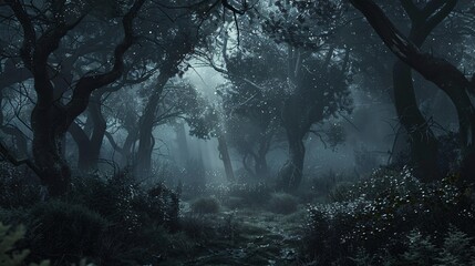 Wide shot of a spooky forest with dark grey tones and backlight