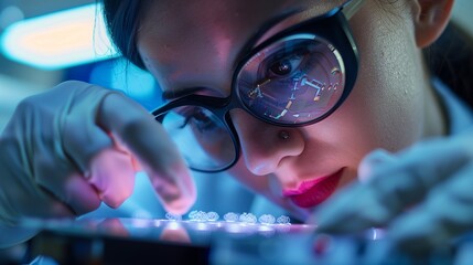 Researcher using electron beam lithography to craft nano-scale patterns on a silicon wafer, fully concentrated.
