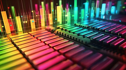 Obraz premium Vibrant 3D music background: colorful equalizer bars, dynamic sound waves, and floating musical notes. Ideal for lively settings.