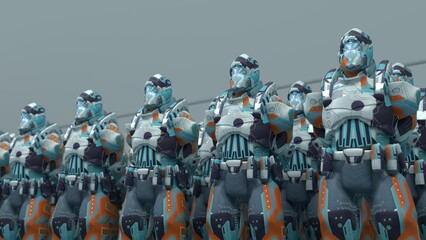Naklejka premium A squad of robots, Space Guard soldiers in formation, 3d rendering