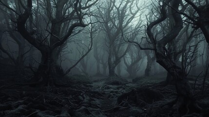 Wide shot of a haunted forest with dark grey tones and backlight