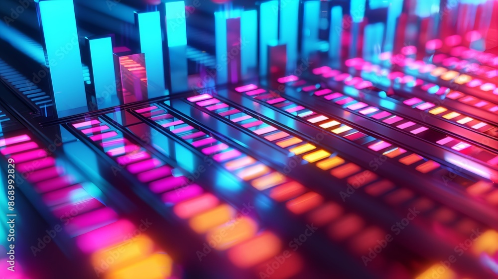 Poster a vibrant 3d music-themed background with colorful equalizer bars pulsating in rhythm, creating imme