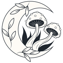 Celestial Magic Mushroom Clipart. Mystical Esoteric Elements. Isolated on White Background.