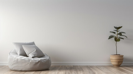 Minimalist interiors in a luxury property with minimal furniture, balanced lighting and copy space for text. Residential Real Estate interiors design composition in neutral colors.