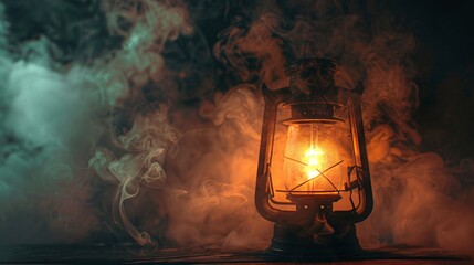 Vintage Halloween lantern close-up with backlight and smoke effect