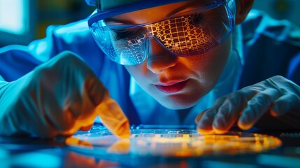 Researcher using electron beam lithography to create nanoscale patterns; pure concentration evident.