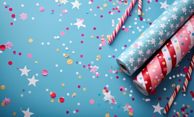 Obraz premium Festive rolls of wrapping paper with stars and stripes on a colorful confetti background