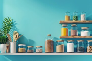 A blue wall with a shelf full of glass jars and bottles