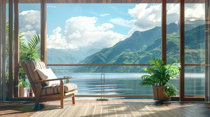 Fototapeta premium resort vacation home interior design wooden and cosy chair on comfort balcony daylight with beautiful nature sky background house beauty ideas concept