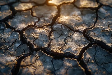 Close-up of cracked, dry earth illuminated by warm sunlight. The texture shows the harshness of drought.