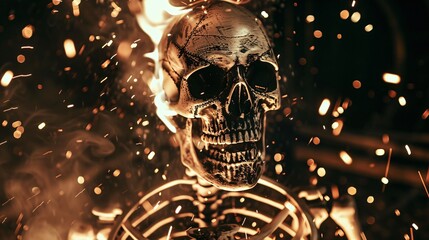 Vintage Halloween skeleton wide shot with high contrast lighting and sparks