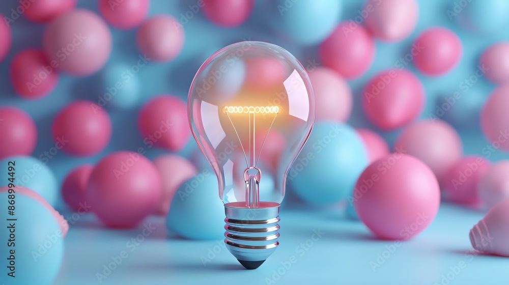 Poster creative concept image of a light bulb glowing in front of a pastel pink and blue background with fl