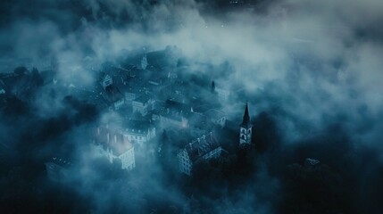 Fototapeta premium Vintage Halloween mist aerial view with dark grey tones and dramatic lighting